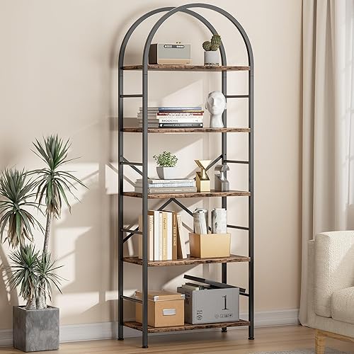 WISSEN WOOD HB31119 5-Tier Arched Modern Bookshelf, Bookshelf, Arched Bookshelf 5 Tier Bookcase, Tall Shelf for CDs/Books, Home Office Shelf Storage Organizer, Modern Book Shelf for Bedroom/Living Room, Rustic Brown, Made in Vietnam