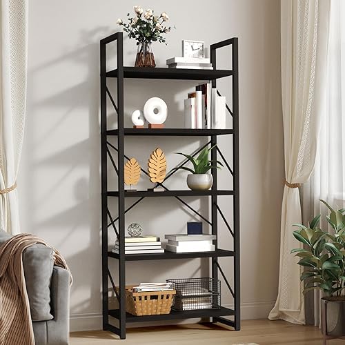 WISSEN WOOD HB31018 5 Tiers Artsy Modern Bookshelf, 5 Tiers Bookshelf, Artsy Modern Bookcase, Book Rack, Storage Rack Shelves Books Holder Organizer for Books/Movies in Living Room/Home/Office - Black, Made in Vietnam