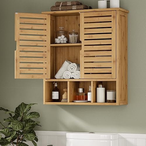 WISSEN WOOD HM21037 Bamboo Bathroom Wall Storage Cabinet, Bathroom Wall Storage Cabinet, Bamboo Medicine Cabinet with Doors and Adjustable Shelves, Bathroom Medicine Cabinet Wall Mount, Wall Mounted Over-the-Toilet Storage Cabinet, Made in Vietnam