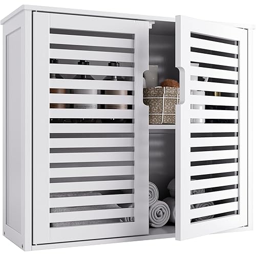 WISSEN WOOD HM21082 Bamboo Over Toilet Wall Cabinet, White Bathroom Cabinet Over Toilet, Bamboo Hanging Medicine Cabinet, Wall-Mounted Storage Organizer, Kitchen Cupboard with Double Doors and Adjustable Shelf, Made in Vietnam