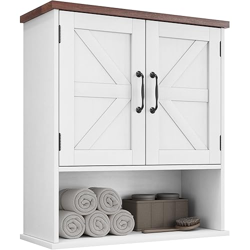 WISSEN WOOD HM21115 Barn Door Wall Mounted Cabinet, Bathroom Wall Cabinet with Barn Doors, Wall Mounted Bathroom Cabinet, Farmhouse Style, Adjustable Shelf, Wall Mounted Medicine Cabinets, White, Made in Vietnam