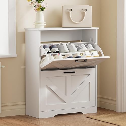 WISSEN WOOD HS31155 Barn-Style Flip Drawer Shoe Cabinet, Narrow Shoe Storage Organizer with Top Display Shelf, Made in Vietnam