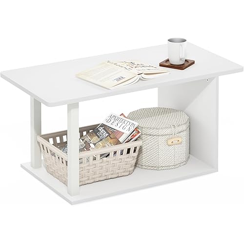 WISSEN WOOD HC31124 2-Tier Modern White Coffee Table, Basic Coffee Table, 2-Tier Modern Coffee Table with Open Shelf, Easy Assembly Side Table, for Living Room, Bedroom, Home Office, White, Made in Vietnam