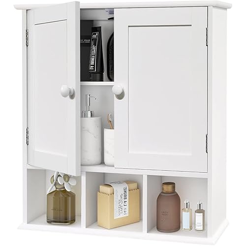 WISSEN WOOD HB21024 White Bathroom Wall Storage Cabinet, White Bathroom Wall Cabinet with 2 Door Adjustable Shelves,Over The Toilet Storage White Wall Mounted Medicine Cabinets for Bathroom Laundry Room Kitchen, Made in Vietnam