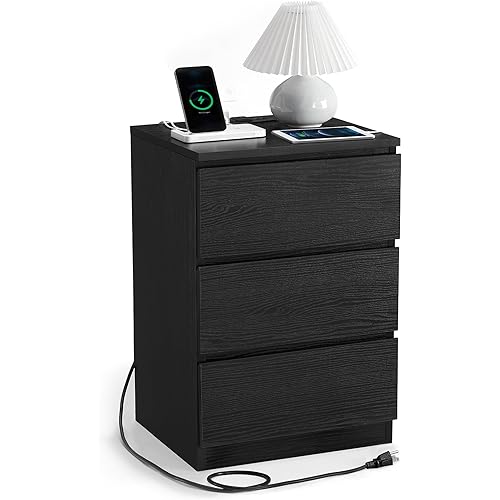 WISSEN WOOD HN31085 3-Drawer Black Modern Charging Nightstand, Nightstand with Charging Station, 2 AC Outlets and 2 USB Ports, Bedside Table, Side Table with 3 Drawers, Modern Style, 13.8 x 15.7 x 23.2 Inches, Ebony Black, Made in Vietnam