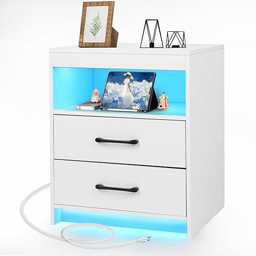 WISSEN WOOD HN31194 LED 2-Drawer Charging Nightstand, Night Stand with Charging Station and Ambient Light, LED Nightstand with USB-C Ports and Outlets, Morden Bedside Table with 2 Drawers and Open Compartment, End Table for Bedroom, White, Made in Vietnam