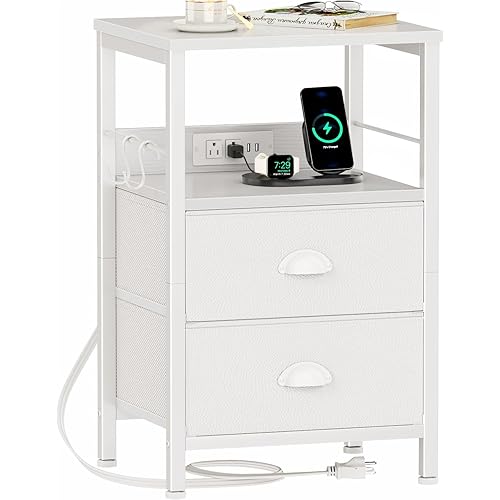 WISSEN WOOD HN31061 Charging Station Bedside End Table, End Table with Charging Station, Nightstand with Fabric Drawers, Side Tables with USB Ports & Outlets, Night Stand with Storage Shelf & Hooks, for Living Room/Bedroom, White, Made in Vietnam