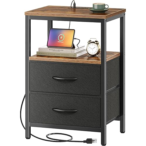 WISSEN WOOD HN31050 Charging Station Bedside Side Table, Nightstand with Charging Station, Side Table with Fabric Drawers, End Table with Open Shelf, Bedside Table with USB Ports and Outlets, Night Stand for Bedroom, Rustic Brown and Black, Made in Vietnam