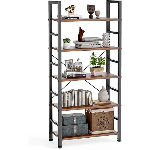 WISSEN WOOD HB31087 5 Tiers Classical Display Shelves, 5 Tiers Bookshelf, Classical Modern Book Shelf, Tall Display Shelves in Living Room/Home/Office, Storage Organizer for CDs/Books/Movies, Rustic Brown, Made in Vietnam