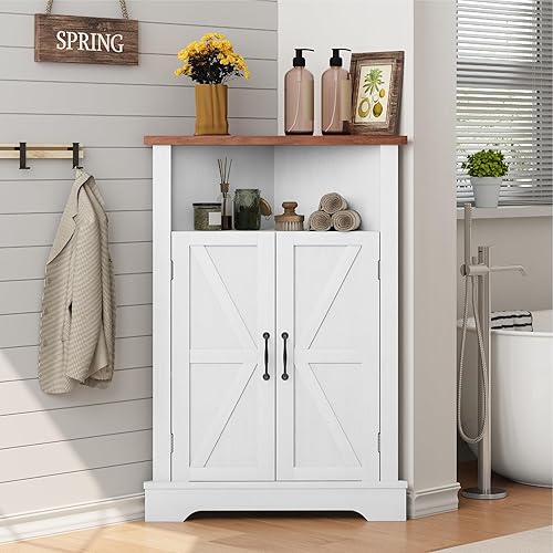 WISSEN WOOD HS21113 Corner Barn Door Bathroom Cabinet, Bathroom Corner Storage Cabinet, Farmhouse Floor Corner Cabinet with Barn Door and Adjustable Shelf, White Narrow Cabinet Organizer for Bathroom, Living Room, Kitchen, Made in Vietnam