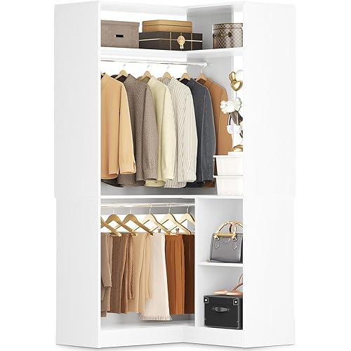 WISSEN WOOD HC31126 Corner Closet System Hanging Rods, Corner Closet System With Shelves, 34'' Organizer With Hanging Rods, Wood Walk-in for Small Space, Freestanding Tower, L Shaped Garment Rack, White, Made in Vietnam