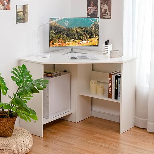 WISSEN WOOD HH41030 Triangle Corner Computer Writing Desk, White Corner Desk - 90 Degrees Triangle for Computer, Small Space, Bedroom, Makeup Vanity Desk with Storage Shelves & CPU Stand, Space Saving Writing Desk, Made in Vietnam