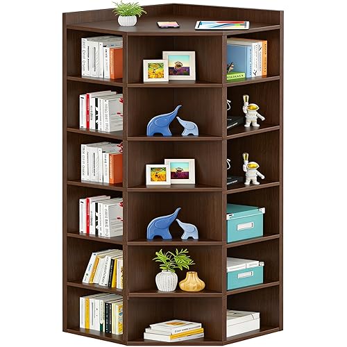WISSEN WOOD HB31232 7-Tier Corner Cube Bookcase, 7-Tier Wooden Corner Cube Bookshelf, Corner Storage Cabinet with 18 Cubes, Corner Cube Organizer Display Shelf with Top Table, Modern L Shaped Cubby Bookcase for Home Office, Black Walnut, Made in Vietnam