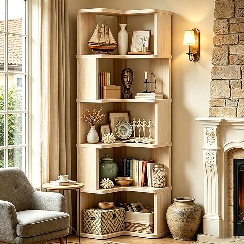 WISSEN WOOD HB31231 6-Tier Tall Corner Etagere Bookshelf, Tall Corner Bookshelf, 6 Tier Corner Book Shelf Etagere Bookcase with Baffle, Freestanding L Shaped Display Shelf Stand for Home Office, Living Room, Bedroom, Brown, Made in Vietnam