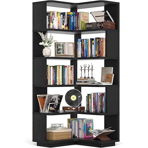 WISSEN WOOD HC31176 6-Tier Corner L-Shaped Bookshelf, Corner Book Shelf - 6 Tier Corner Bookshelf Etagere Bookcase with Baffle, Freestanding L Shaped Display Shelf Stand for Home Office, Living Room, Bedroom, Kitchen, Black, Made in Vietnam