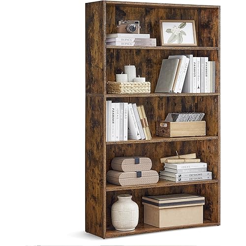 WISSEN WOOD HB31078 5-Tier Open Shelf Large Bookcase, Custos Collection - Bookshelf, 5-Tier Bookcase, Book Shelf, Open Storage Shelf, 9.4 x 30 x 52.8 Inches, for Living Room, Home Office, Dinning Room, Rustic Brown ULBC175X01, Made in Vietnam