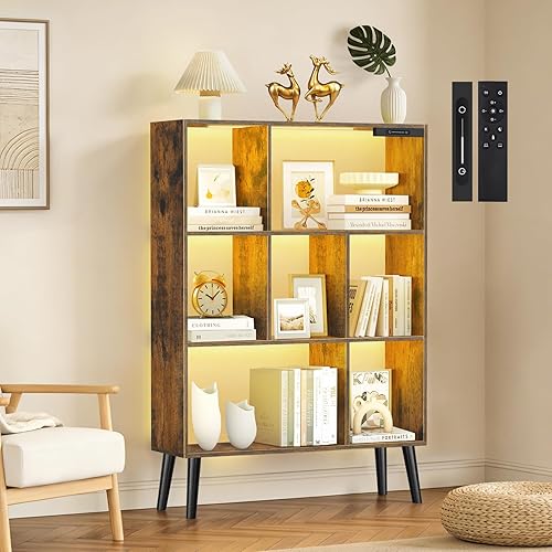 WISSEN WOOD HB31193 7-Cube Dimmable LED Bookshelf, 7-Cube Bookshelf with LED Lights, Touch & Remote Control, Freestanding Open Bookcase Storage Shelf, Dimmable Modern Wooden Display Organizer with Legs for Living Room, Bedroom (Rustic Brown), Made in Vietnam