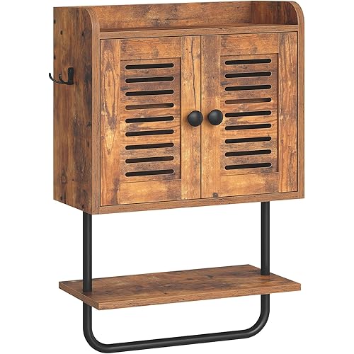 WISSEN WOOD HM11038 Double Doors Medicine Wall Cabinet, Bathroom Wall Cabinet, Double Doors Medicine Cabinet with Towel Bar, Adjustable Shelf, 2 Hooks, Over The Toilet Storage Cabinet, for Bedroom, Kitchen, Rustic Brown, Made in Vietnam