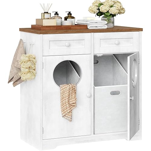 WISSEN WOOD HL21167 Double Laundry Hamper Drawer Cabinet, Double Laundry Hamper Cabinet, Hidden Laundry Cabinet with 2 Drawers & 2 Baskets, 20 Gallon Farmhouse Bathroom Laundry Hamper with 2 Clothes-Toss Holes, White and Dark Walnut, Made in Vietnam