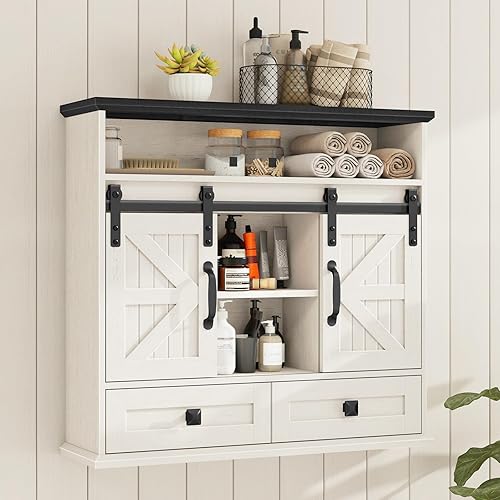 WISSEN WOOD HS21224 Double Barn Door Medicine Cabinet, Bathroom Wall Cabinet, Farmhouse Medicine Cabinet with Double Sliding Barn Door and Storage Drawer, Wooden Vintage Storage Cabinet Wall Mounted for Bathroom, Kitchen, Rustic White and Black, Made in Vietnam