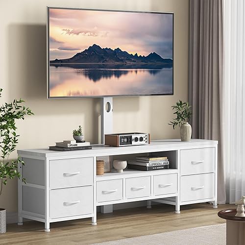 WISSEN WOOD HT31195 7-Drawer TV Mount Stand Dresser, TV Stand with Mount for 75 inch TVs, 7 Fabric Drawers, Open Storage Shelves, Made in Vietnam