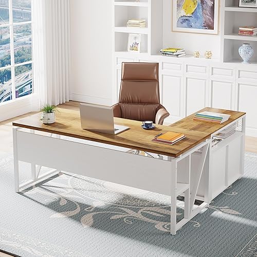 WISSEN WOOD HH41077 L Shaped Executive Computer Desk, L Shaped Desk with Drawer, 63 inch Executive Computer Desk and lateral File Cabinet, 2 Piece Home Office Furniture, Made in Vietnam