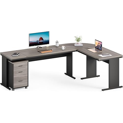 WISSEN WOOD HH41121 82 inch L-Shaped Executive Office Desk, 82.67 inch Long Executive Desk with Drawers, Large L-Shaped Office Desk with Mobile File Cabinet, Made in Vietnam