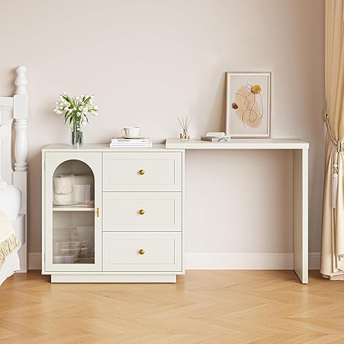 WISSEN WOOD HV31147 Extendable Rotatable Corner Vanity Desk, 59” Extendable Corner Vanity Desk, 3 in 1 Vanity with Rotatable Tabletop, Large White Makeup Table for Women Girl, 3 Drawer & 1 Door, Wood Dresser for Apartment, Bedroom, Home Office, Made in Vietnam