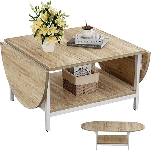 WISSEN WOOD HC31127 Extended 2-Tier Modern Coffee Table, Modern Coffee Table 2-Tier Extended Coffee Tables for Living Room 2-Tier Small Extended Table with Storage White Center Table for Large or Small Spaces, Foldable, Oak, Made in Vietnam