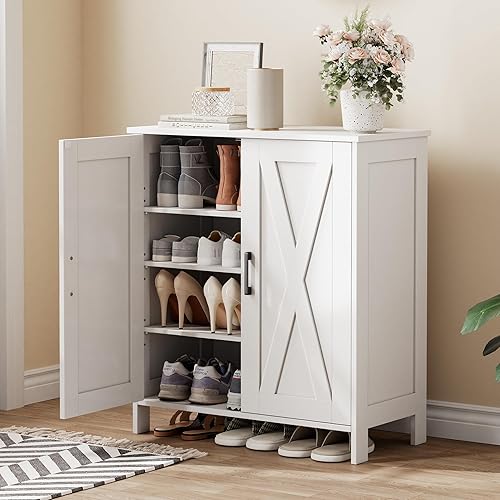 WISSEN WOOD HS31134 5-Tier Barn Door Shoe Organizer, Farmhouse Shoe Cabinet with 2 Barn Doors, Wood Legs, Made in Vietnam