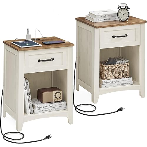 WISSEN WOOD HN31069 Farmhouse Charging Station Bedside Table, Farmhouse Nightstands with Charging Station, Set of 2 Bedside Tables, Side Tables with Drawer, Open Compartment, for Bedroom, Rustic White and Honey Brown, Made in Vietnam