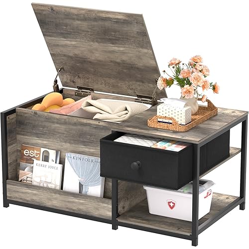 WISSEN WOOD HC31211 Farmhouse Hidden Storage Coffee Table, Coffee Table with Storage, Rectangular Coffee Tables for Living Room, Farmhouse Coffee Table with Hidden Storage Compartment and Adjustable Shelves, Grey Wash, Made in Vietnam