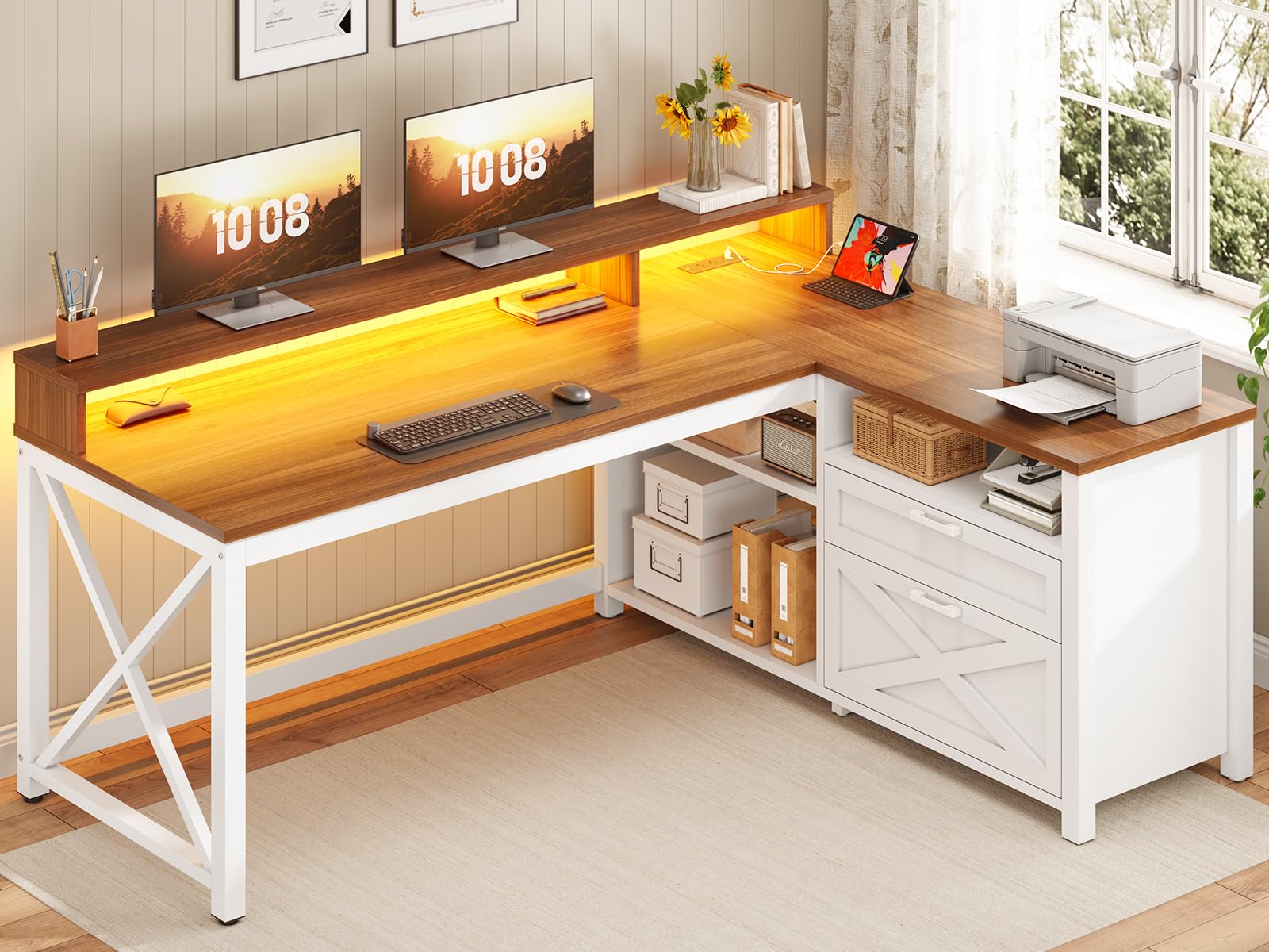 HH41142 Farmhouse L-Shaped LED Gaming Desk