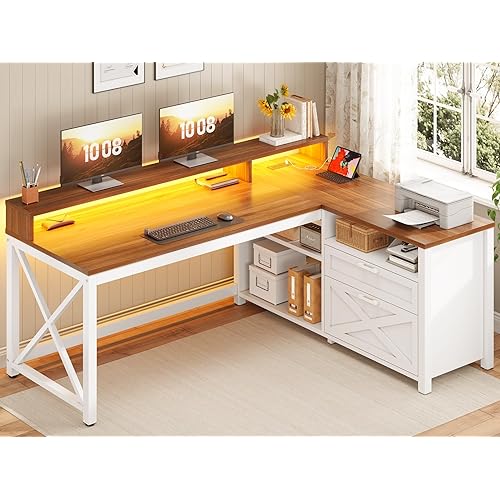 WISSEN WOOD HH41142 Farmhouse L-Shaped LED Gaming Desk, Farmhouse L Shaped Desk, 55 inch Home Office Desk with Drawers and Storage Shelves, Made in Vietnam