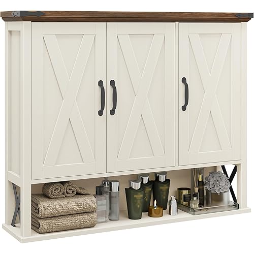 WISSEN WOOD HS21189 3-Door Farmhouse Medicine Cabinet, Bathroom Wall Cabinet, Farmhouse Medicine Cabinet with Adjustable Wood Shelf & 3 Doors, Over The Toilet Storage Cabinet for Wall Mounted for Bathroom Laundry Room Kitchen, White and Brown, Made in Vietnam