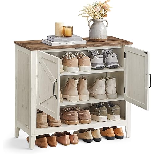WISSEN WOOD HS31093 3-Tier Farmhouse Freestanding Shoe Cabinet, 3-Tier Storage Organizer, Height-Adjustable Shelf, Rustic White, Made in Vietnam