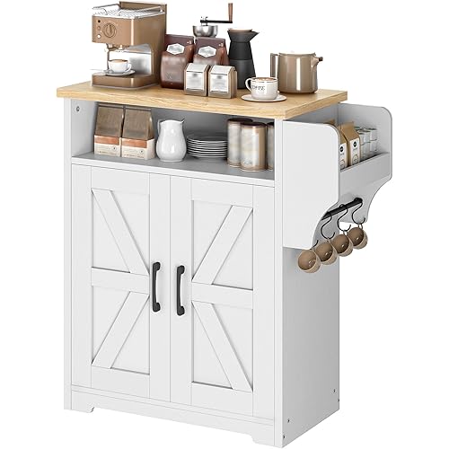 WISSEN WOOD HB11139 Kitchen Island Floating Shelf Buffet, Coffee Bar Cabinet, Kitchen Island with Storage, Farmhouse Sideboard Buffet Cabinet with Dual-Purpose Floating Shelf and Hooks, for Kitchen Living Room, White and Natural, Made in Vietnam