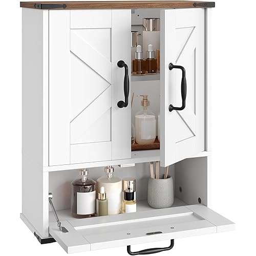 WISSEN WOOD HM21146 Flip-Down Door Medicine Wall Cabinet, Farmhouse Wall Mounted Cabinet with Adjustable Shelf, Medicine Cabinet with Flip-Down Door, Over The Toilet Bathroom Organizer, for Small Bathroom, Kitchen, White and Walnut, Made in Vietnam