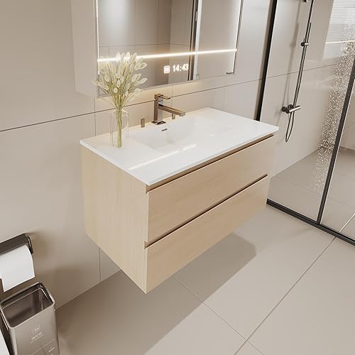 WISSEN WOOD TB21171 24" Floating Soft-Close Bathroom Vanity, Wall-Mounted Bathroom Vanity 24 inch Modern Floating Vanity with Soft-Close Drawers, Made in Vietnam
