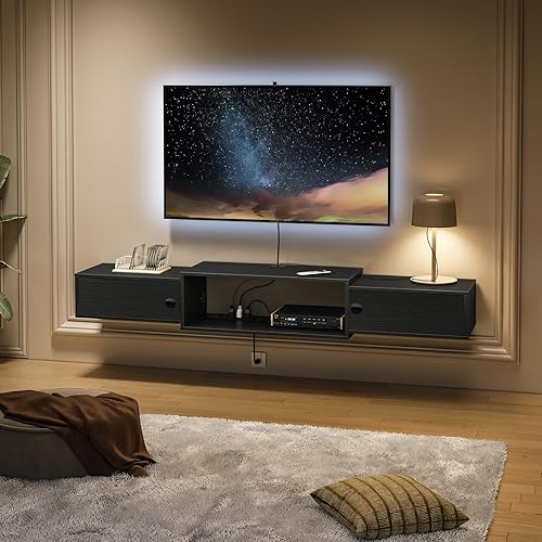 WISSEN WOOD HT31102 Floating TV Stand Power Outlets, Modern Wall Mounted Media Console Shelf with Doors, for Living Room, Bedroom, Made in Vietnam