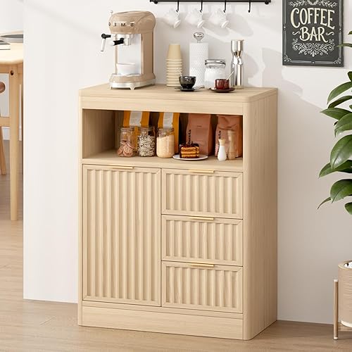 WISSEN WOOD HS21216 Fluted Oak Buffet Sideboard Cabinet, Coffee Bar Cabinet with Storage, Fluted Buffet Sideboard Cabinet with 3 Drawers & Adjustable Shelf, Rounded Edge Modern Storage Cabinet for Dining Room, Kitchen, Living Room, Entryway, Oak, Made in Vietnam