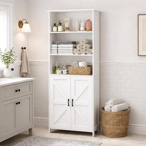 WISSEN WOOD HS21182 67" Tall Freestanding Bathroom Cabinet, 67" Tall Bathroom Storage Cabinet, Freestanding Farmhouse Cabinet with 2 Doors and Shelves, Bathroom Organizers and Storage for Kitchen, Living Room, Laundry Room, White, Made in Vietnam
