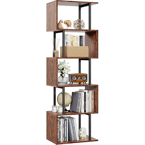 WISSEN WOOD HB31089 6 Tier S-Shaped Geometric Bookcase, 6 Tier Bookshelf, Tall S Shaped Geometric Bookcase, Modern Display Shelf Standing Unit, Wood Metal Decorative Divider Rack for Living Room Bedroom Office, Rustic Brown, Made in Vietnam