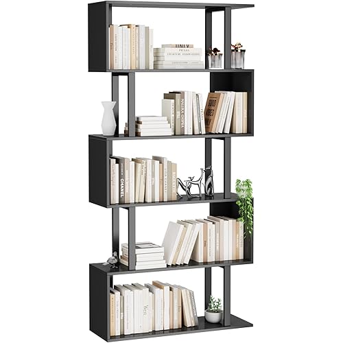 WISSEN WOOD HB31047 5-Tier S-Shaped Geometric Bookcase, 5-Tier Geometric Bookcase,S Shaped Bookshelf, Wood Decorative Storage Shelving, Modern Freestanding Display Shelves, Tall Book Shelf Unit for Living Room Bedroom, Black, Made in Vietnam