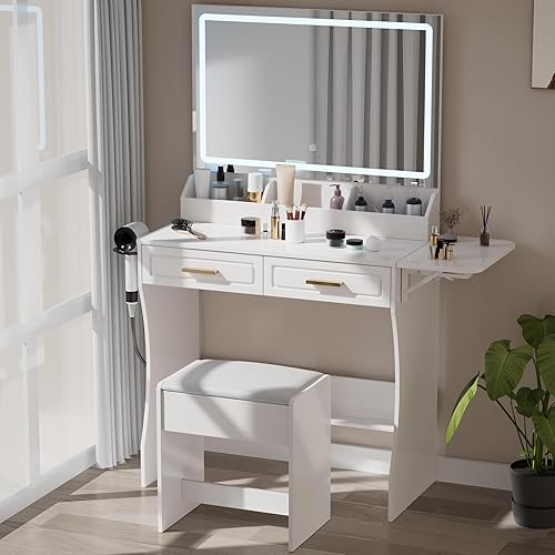 WISSEN WOOD HV31103 Mirrored Makeup Vanity Desk Set, Holiday Glam Makeup Vanity Set with LED Lighted Mirror, Drawers & Stool – Modern White Beauty Desk, Bedroom & Dressing Room Storage, Made in Vietnam
