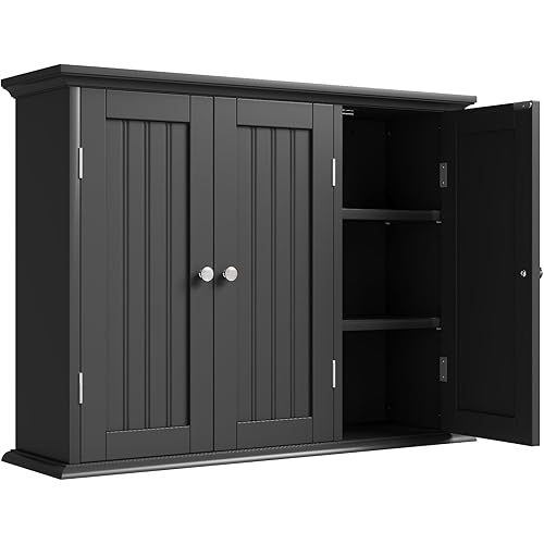 WISSEN WOOD HM21175 3-Door Hanging Kitchen Wall Cabinet, Bathroom Wall Cabinet with 3 Doors, Laundry Cabinet Wall Mounted, Medicine Cabinet with Adjustable Shelves, Hanging Kitchen Cupboard Organizer, Black, Made in Vietnam