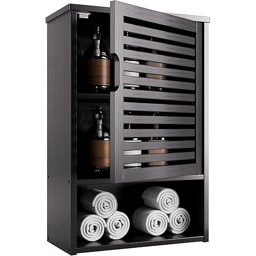 WISSEN WOOD HM21083 Single Door Hanging Medicine Cabinet, Bathroom Storage Cabinet Wall Mounted, Hanging Medicine Cabinet with Adjustable Shelf, Over The Toilet Space Saver Organizer, Black Bamboo Kitchen Cupboard, Single Door, Made in Vietnam