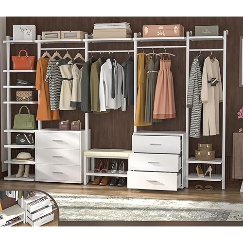 WISSEN WOOD HG31074 Heavy Duty Large Garment Rack, Clothing Rack Heavy Duty Closet System Organizer for Hanging Clothes, 8FT Large Wall Mounted Garment Rack Clothes Rack with 6-Drawers for Wardrobe, Bedroom and as Walk-in Closet System, White, Made in Vietnam