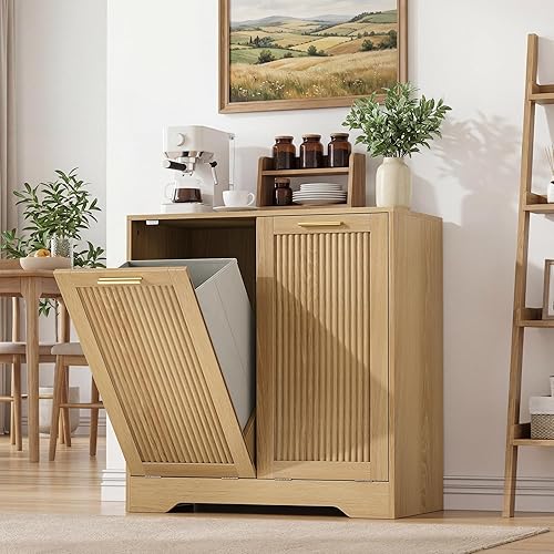 WISSEN WOOD HL21217 Double Tilt-Out Laundry Hamper Cabinet, Double Tilt Out Laundry Hamper Cabinet, Hidden Laundry Cabinet with Double Baskets, Natural Trash Can with Fluted Doors for Bathroom, Kitchen, Made in Vietnam