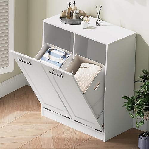 WISSEN WOOD HL21210 22-Gallon Hidden Laundry Hamper Cabinet, Double Laundry Cabinet, 22 Gal. (83 L) Hamper Cabinet with 2 Hidden Baskets, Farmhouse Storage Basket, Laundry Hamper for Bathroom, Living Room, 14.2 Inch x 28.3 Inch x 32 Inch, White, Made in Vietnam